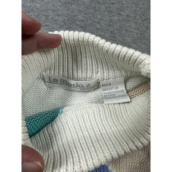 Le Moda Knitwear Small 100% Cotton 1/2 Sleeve 90s Argyle Mock Neck Vintage - Picture 9 of 10